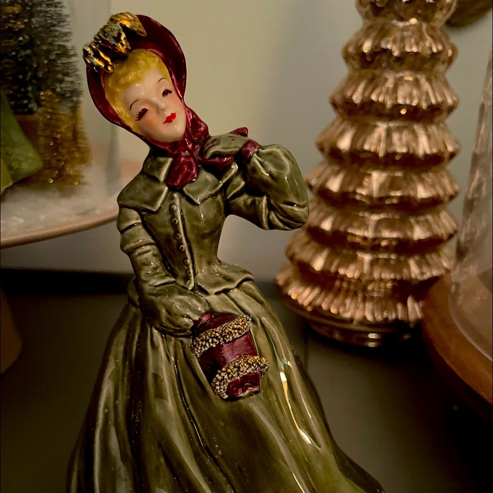 Florence Ceramics Hand Painted Figure “Clarissa” 7.5” green, Maroon, Gold Gilt
